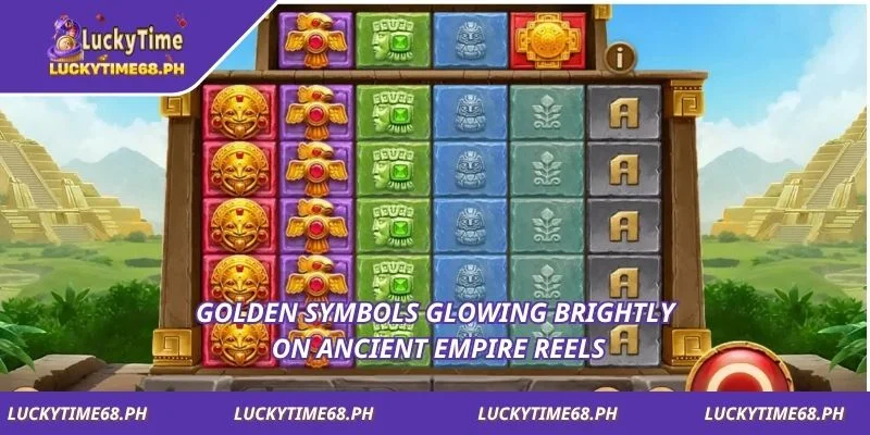 Golden symbols glowing brightly on ancient empire reels